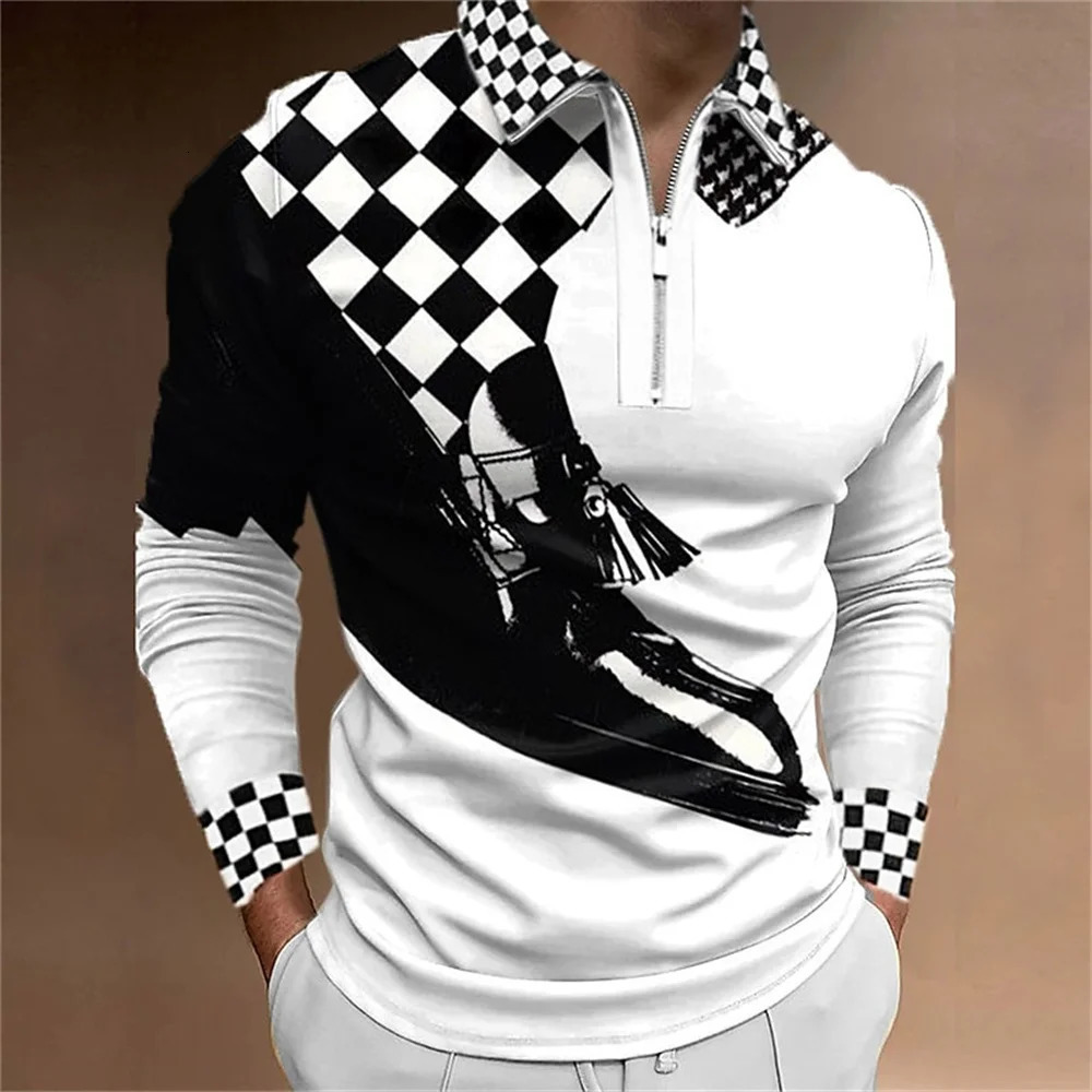 Mens Polo Shirt Golf Plaid Prints 3D Print Street Long Sleeve Zipper Clothing Apparel Sports Fashion Streetwear 250604Z