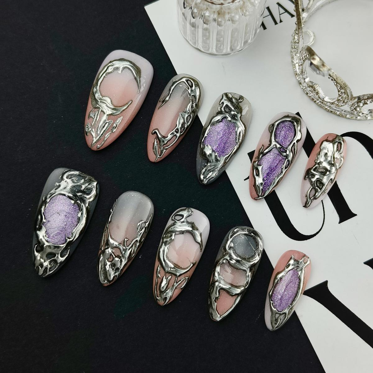 10pcs 3D Hand drawn Handmade Press-on nails Medium Almond Nails Abstract 3D Fake nails Bundle Finished nail stickers Free storage box jelly glue nail 