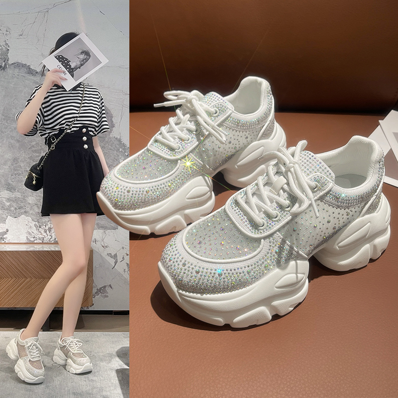 Women Fashion Skate Sneakers Women Thick Soled Shiny Shoes Sequin Increase Height Casual Shoes Luxury designer Lace-up Shiny Rhinestone Chunky Platfor