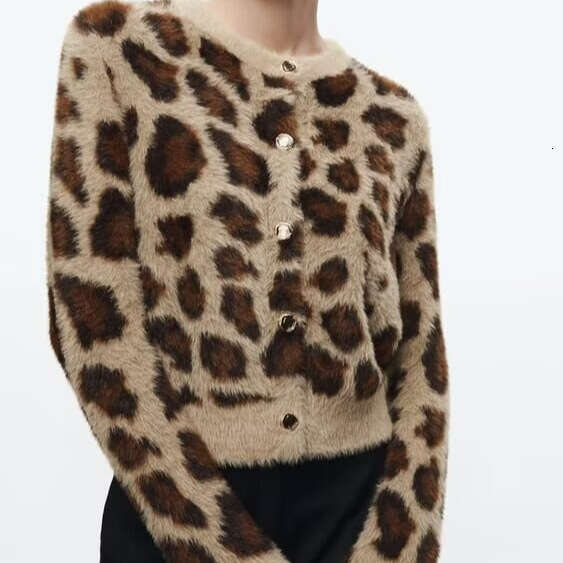 Women's Fashion Autumn Winter New Animal Print Jacquard Sweater Faux Fur Knit Cardigan Coat B5