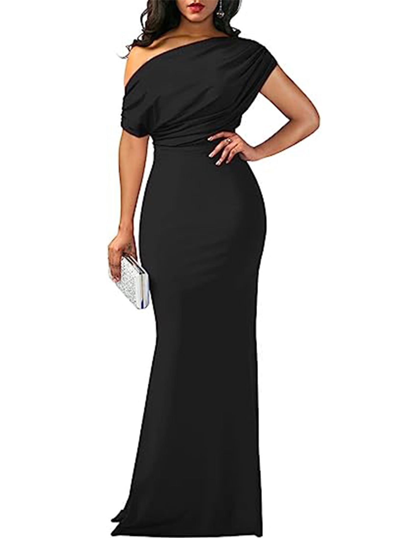 New plus size womens long dress with elegant temperament slim fit and slimming black evening gown