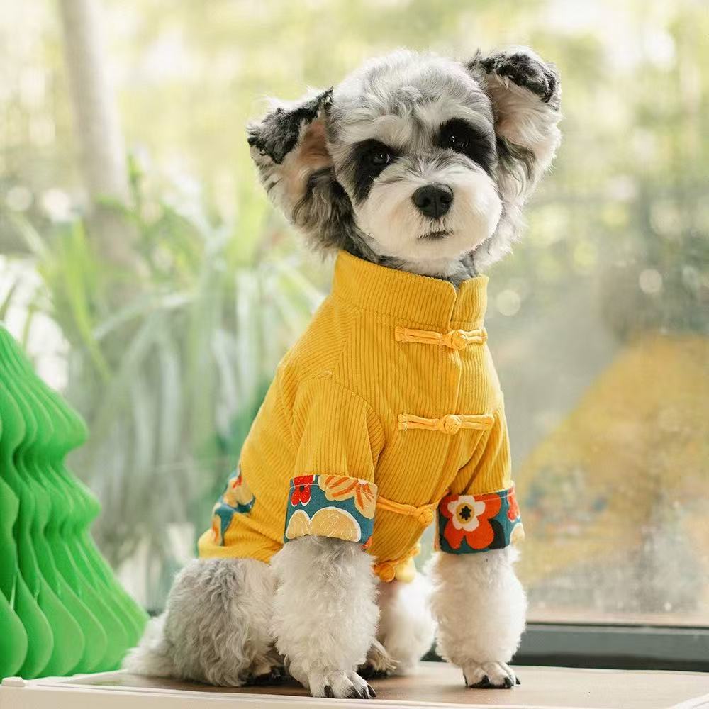 T00381 Chinese style dog clothes autumn and winter new pet shirt jacket Bichon Schnauzer small dog cat clothes trend