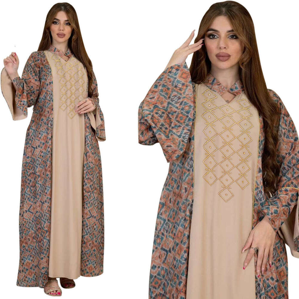 Because0264 Muslim Ethnic Clothing Fashion Print Color-Block Rhinestone Embellished Robe B5