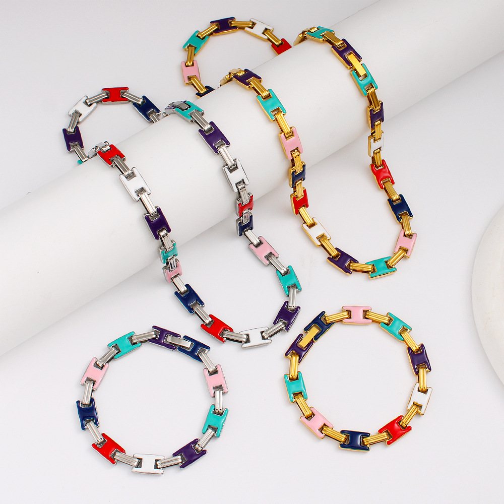 18k Real Gold Plated Colorful Oil Drop Stainless Steel Geometric Chain Necklace Bracelet Jewelry Set