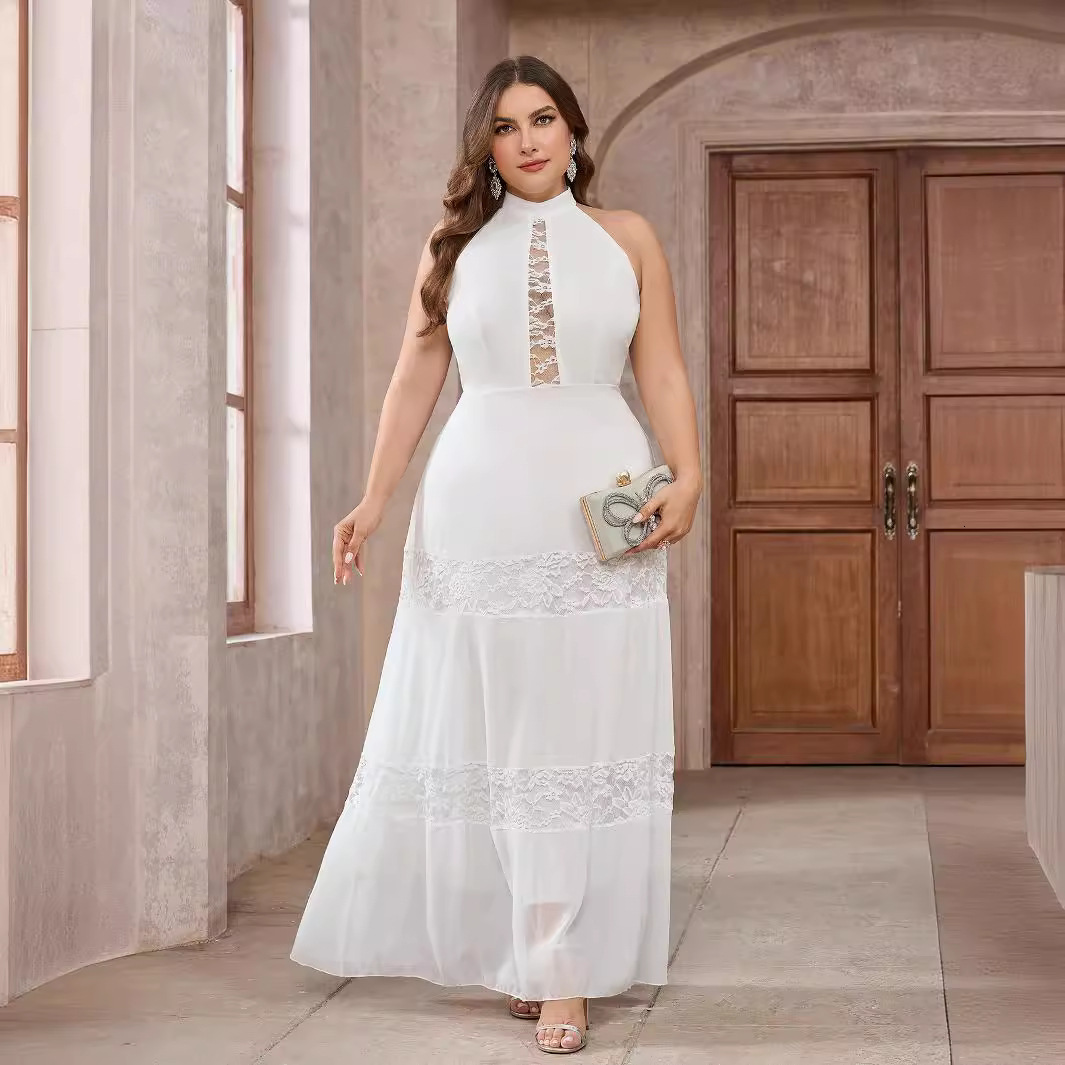 New plus size dress for womens sleeveless chiffon lace round neck solid color wedding banquet dress