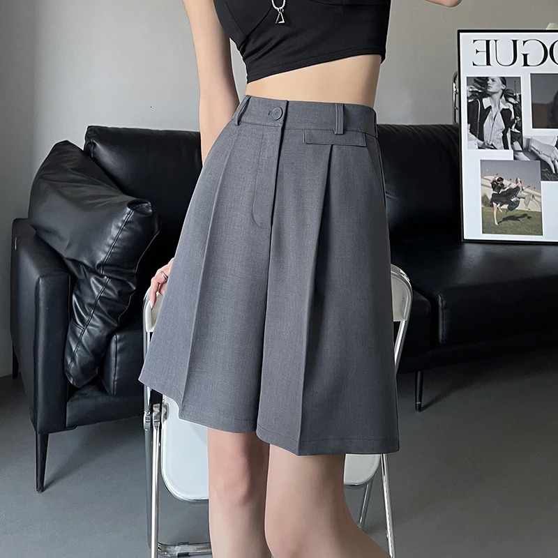 Seoulish Summer Womens Suit Shorts Elegant Wide Leg High Waist Solid Pockets Minimalism Loose Short Trousers Female 250603