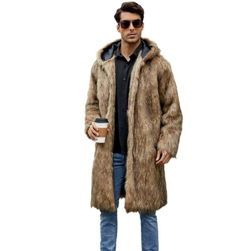 Faux Fur Coat Men Warm Loose Long Coats Hoodies Full Sleeve Midi Waist Thick Jackets Elegant Male Jacket Autumn Winter