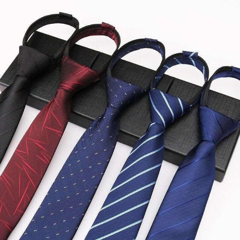 Men's Business Formal Zipper Tie - Blue Striped Thinnest Black Groom Wedding Accessory