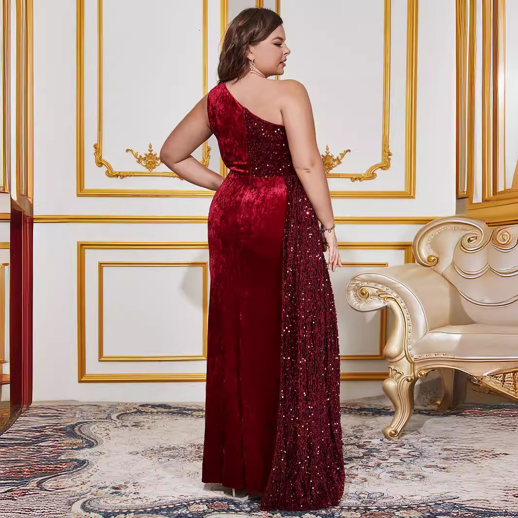 New Solid Color Sexy Single Shoulder Sparkle Dress for Plus Size Ladies