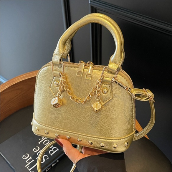designer 2025 New Niche Design High-End Champagne Studded Shell Handbag for Women Fashionable Stylish Shoulder Crossbody Bag