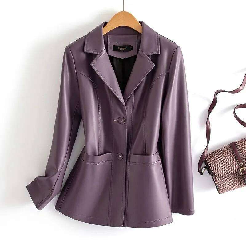 2023 Spring Autumn Sheepskin Jacket Women Suit Coat Slim Single-breasted Casual Tops Lady Small Outerwear Leather Blazer Coats