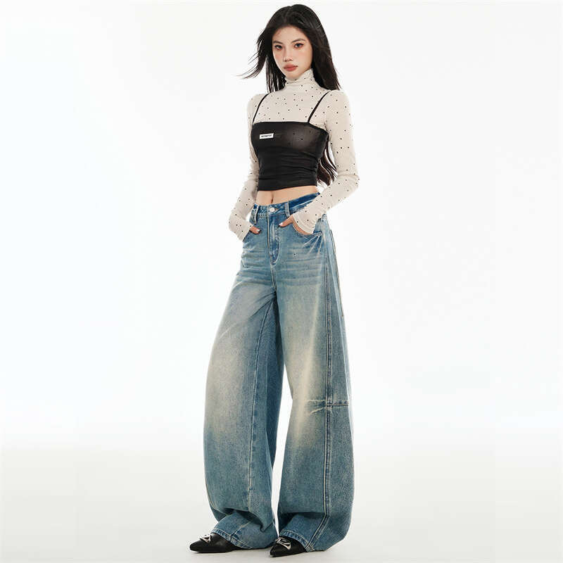 American Style Light Blue Wide Leg Jeans For Women Spring New Loose Lazy High Waist Scimitar Pants B5