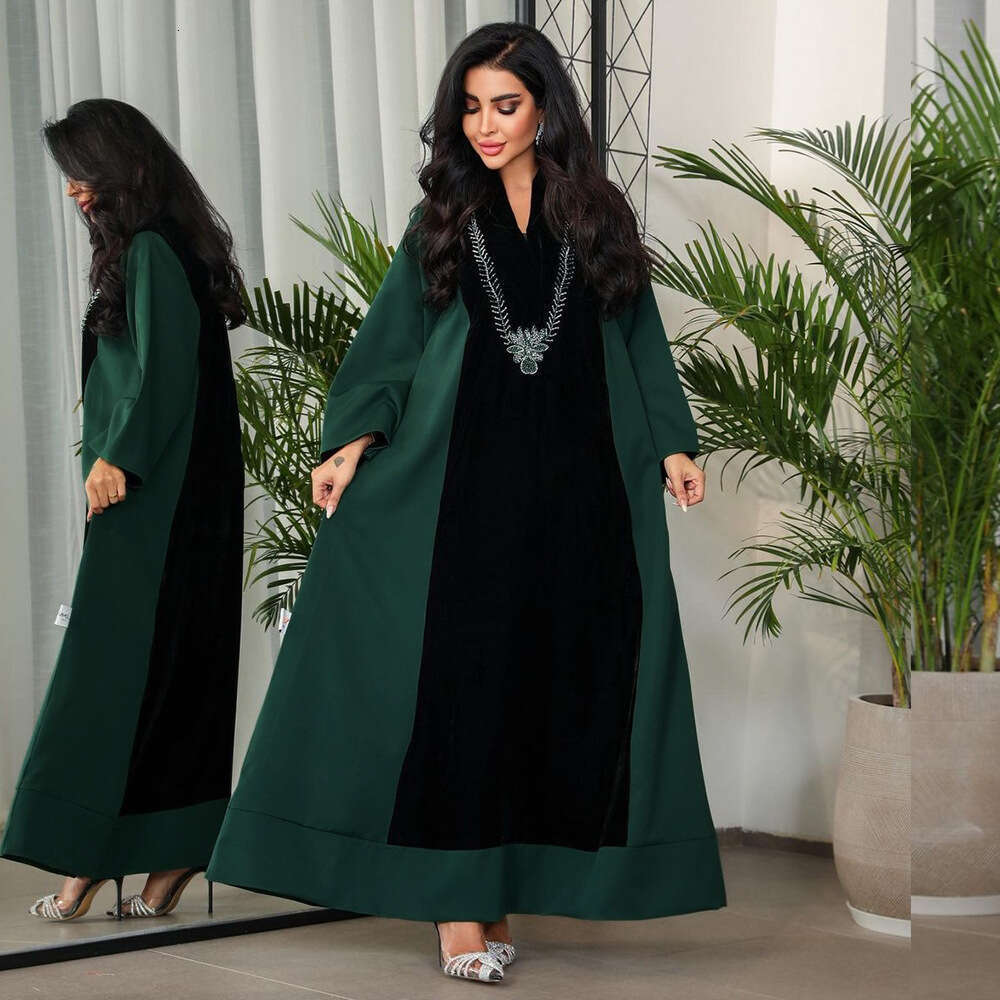 Because0243 Muslim Dubai Arabic Women's Clothing Rhinestone Velvet Patchwork Color Block Long Robe Dress B5