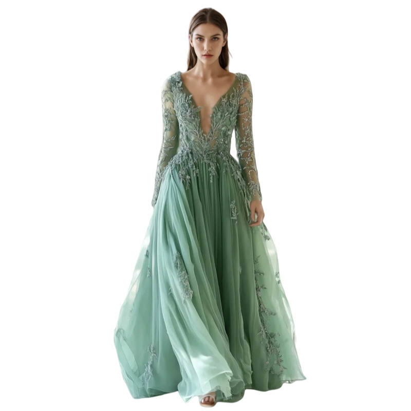 Elegant Sage Green Tulle Long Prom Dresses Beaded Lace Appliques Full Sleeves A-Line Formal Evening Gown Sheer V-Neck Chic Reception Dress For Women