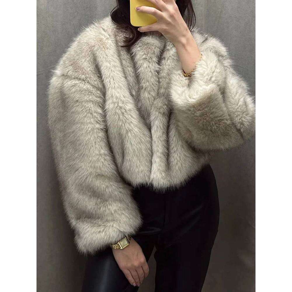 Aoaiiys Faux Fur Jacket Women Autumn Winter Cropped Elegant O-Neck Long Sleeve Soft Shaggy Coats Thicken Warm Outerwear
