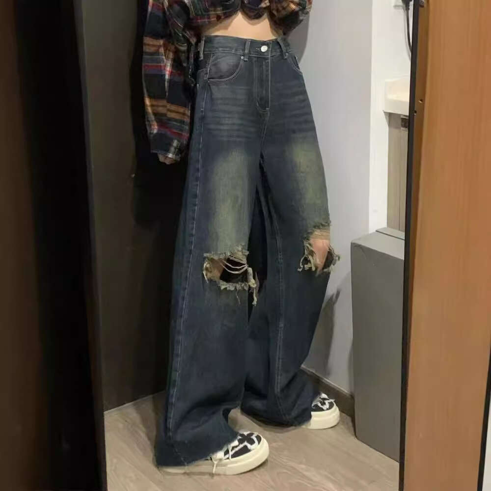 American Style Ripped Straight Leg Jeans For Women, Summer Thin Plus Size, High Waist, Loose Fit, Slimming, Wide Leg, Floor-Length Pants B5