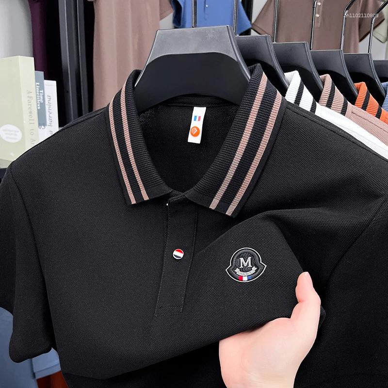Mens Polos High End Brand Cotton Short Sleeve Polo Shirt Letter Embroidery Lightweight Breathable Fashion Stripe Lapel T-shirt
