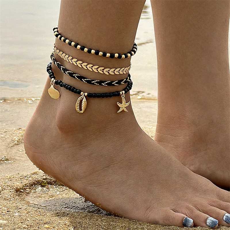4pc/set Bohemian Rice Beads Starfish Shell Pendant Anklet for Women Trendy Summer Beach Multilayer Anklet Foot Sandals Jewelry W250604