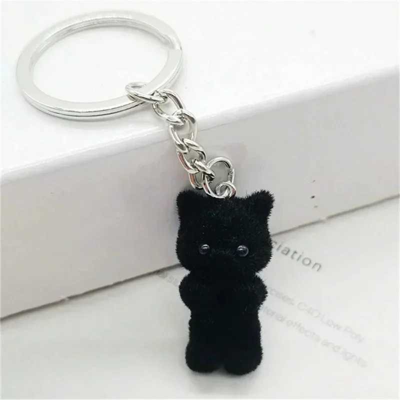 Cute 3D Flocking Black Kitten Keychain Little Cat Couple Mobile Phone Pendant Car Keyring Earphone Backpack Charms Bag Decor W250604