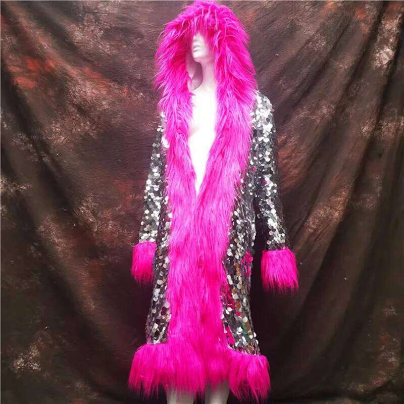 Fashion Sequin Faux Fur Hooded Long Cloak Overcoat Stage Party Performance Clothes Women Singer Bar Concert Drag Queen Costume