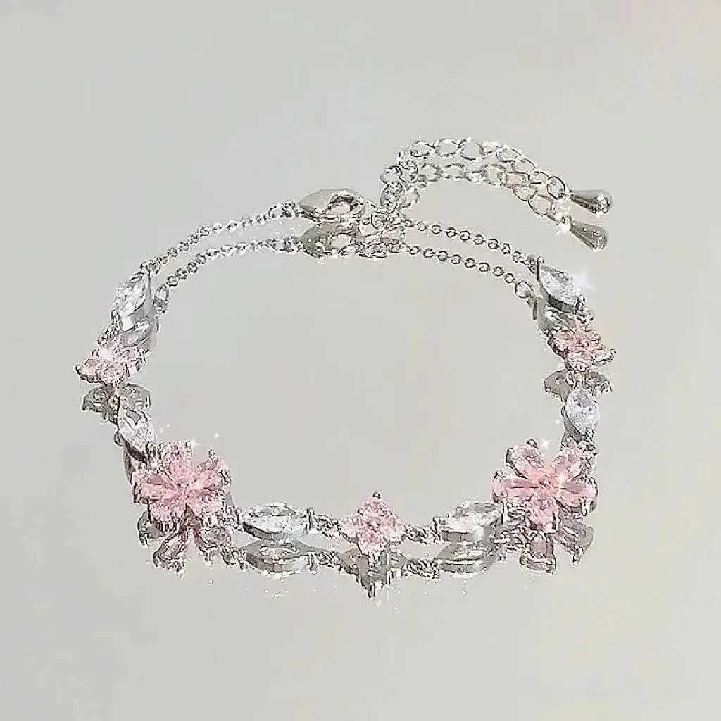 New Arrival Shiny Pink Crystal Cherry Blossom Bracelets For Women Girls Sweet Moon Bow Flowers Zircon Bracelet Party Aesthetic Egirl Jewelry V250604