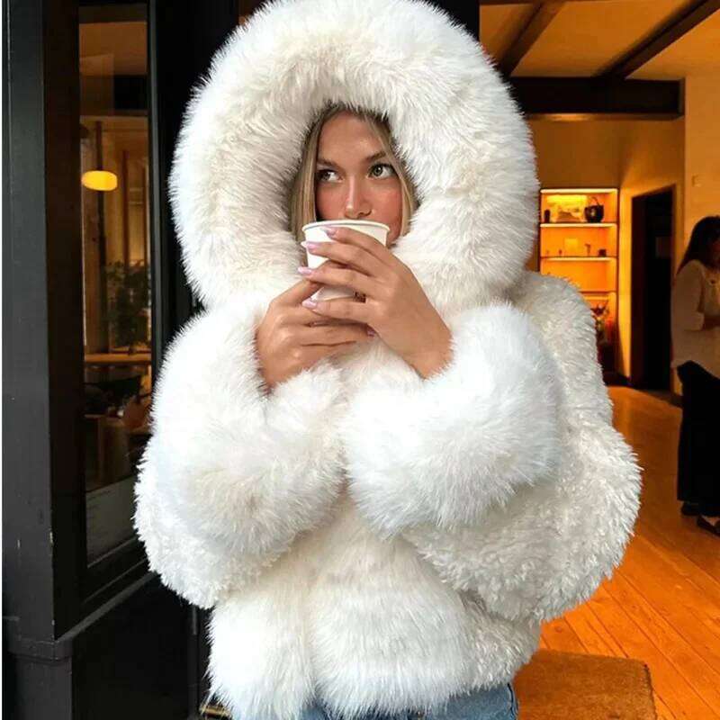 Casual Faux Fur Hooded Coat Women Fashion High Street Fluffy Big Collar White Snow Jackets Winter Warm Oversized Thick Outwear