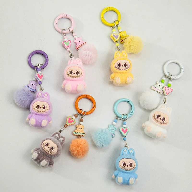 New Arrival Sitting Labubu Keychain Mini Flocking Labubu Key Chain Kawaii Cell Phone Charm Ornaments Cute Rabbit Keyring Gift U250604
