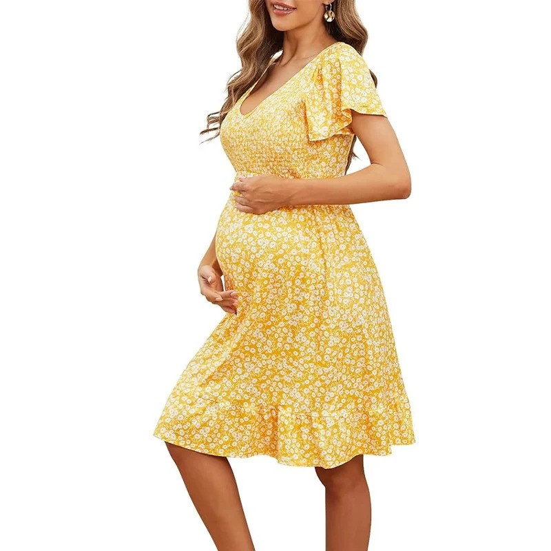 Maternity Summer Dress Style Breathable V-neck Floral Loose Fit Comfortable Casual Short-Sleeve Dress Slim Waist 250530