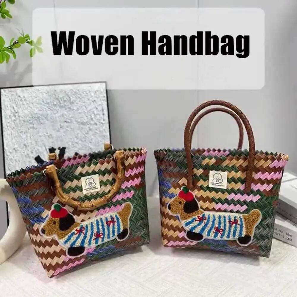 Women's Bags Designer Funny Cute Sausage Dog Woven Handbags Large Capacity Bamboo Handle Weaving Basket Casual Shopping Tote Bags Vacation Beach 