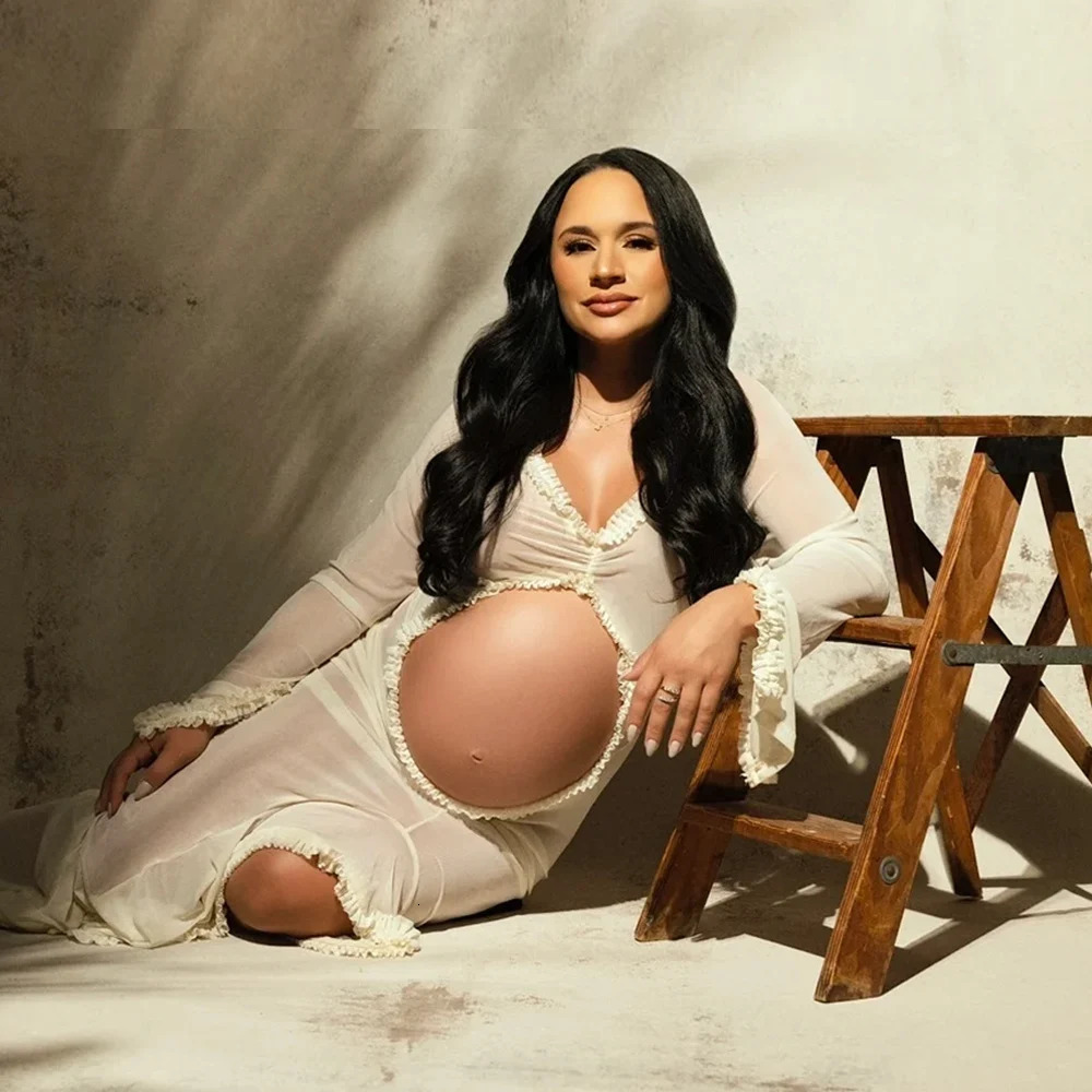 Maternity Sheer Lace Ruffle Ruched Dress Long Sleeve Sexy Slit Belly Gowns Pregnant Dress For Poshoot Simple Baby Shower 250530