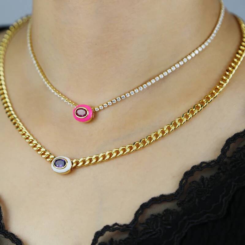 Neon Enamel Pink Heart Rectangle Charm Necklace Bling Colorful Geometric CZ Beaded Tennis Cuban Chain Fashion Women Jewelry