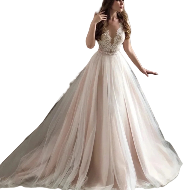 Boho A-Line Wedding Dresses Cap Sleeve Lace Appliques Sheer Backless A-line Tulle Beach Long Bridal Gown Light Pink Liner Custom Made Vestido De Novia