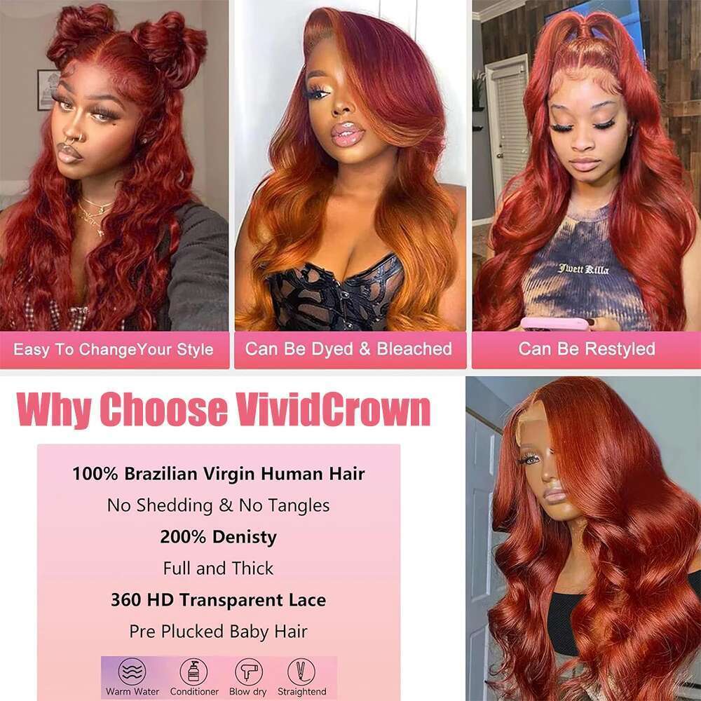 Hidden Strap Body Wave 360 Glueless Reddish Brown Pre Bleached Human Hair With Drawstring Full Lace Front Wig