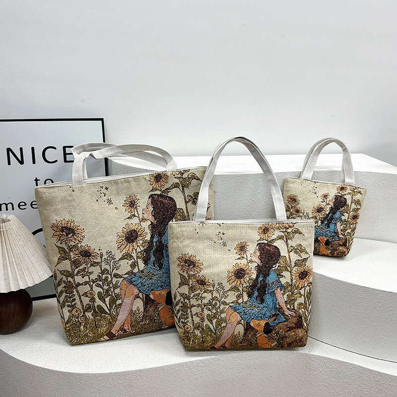 New Canvas Shoulder Handbag Double-Sided Gold Thread Jacquard Embroidery Ethnic Style Handheld Commuter Bag