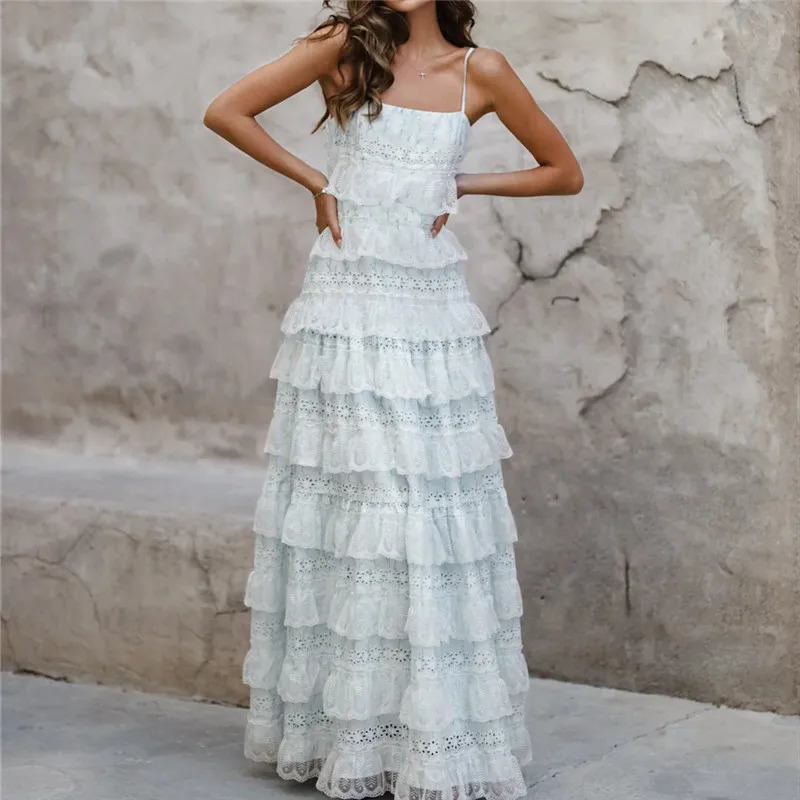 Women Boho Floral Smocked Maxi Dress Y2k Patchwork Lace Layered Long Beach Dress Casual Flowy Summer Sundress 250604