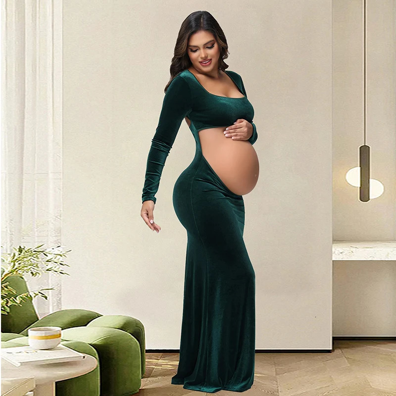Maternity Pography Dress Velvet Sexy Exposed Belly Long Sleeve Backless Square Neck Women Poshoot Dress 250530