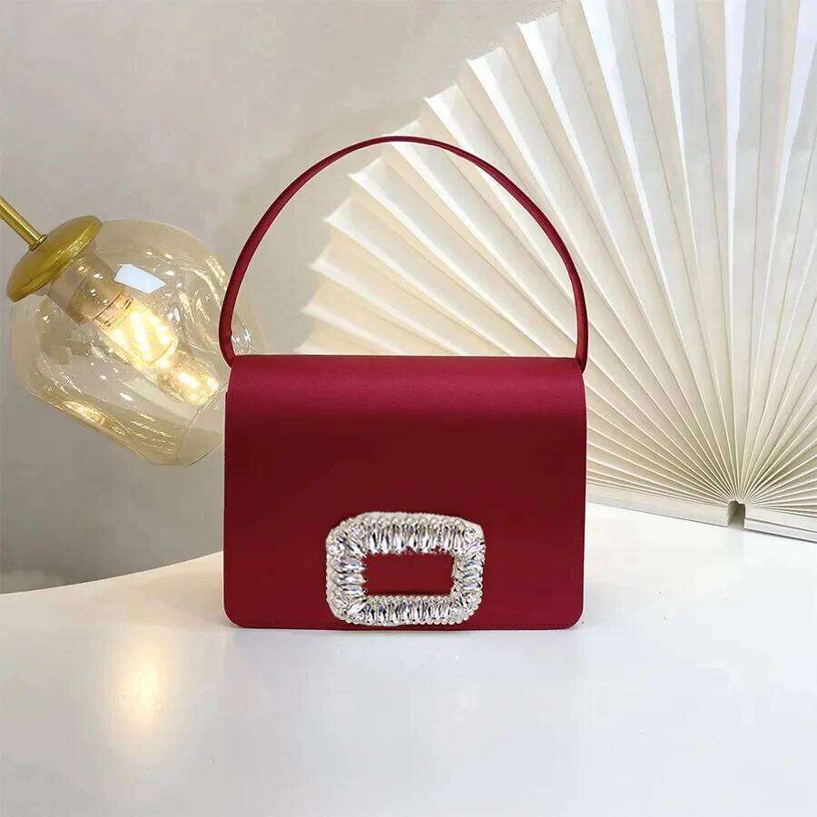 Dia Button Women's Evening Party Clutch Purses Satin Rhinestone Small Square Chains Shoulder Bag Bolsa