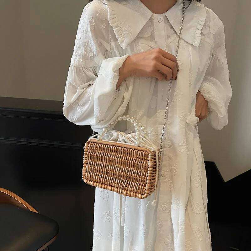 Women's Bags Designer Bohemian Woven Straw Basket Pearls Beaded Rattan Bags For Women Handbag Summer Travel Beach Shoulder Crossbody Bag Box Purs