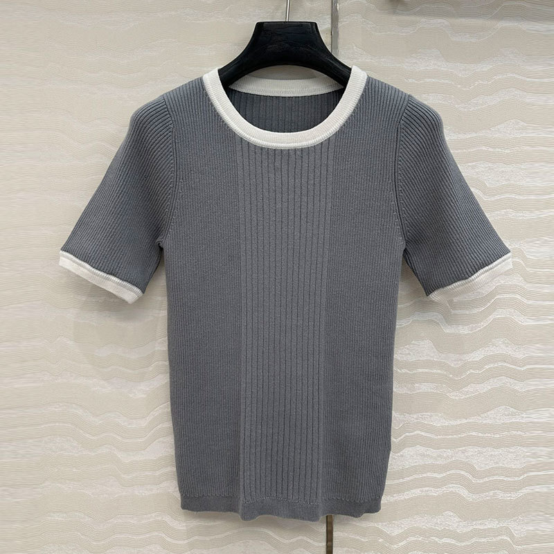 Summer Women's Color Block Fitted Knit Top Fashion Round Neck Jacquard Pure Cotton Short Sleeve Pink/Grey Designer Classic Retro Luxury Clothing