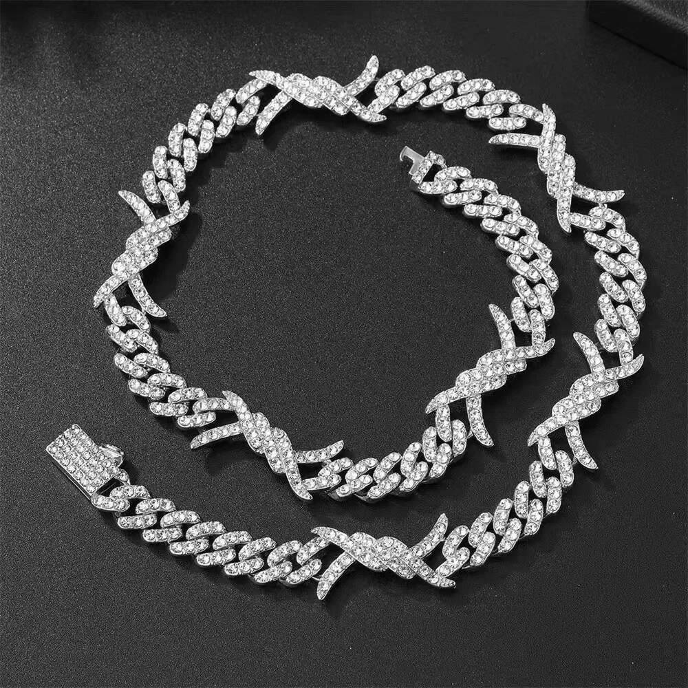 Hip Hop golden Micro Paved Zirconia Iced Out Bling Choker Necklace Men Women Barbed Wire Knot Miami Cuban Link Chain Jewelry 14"