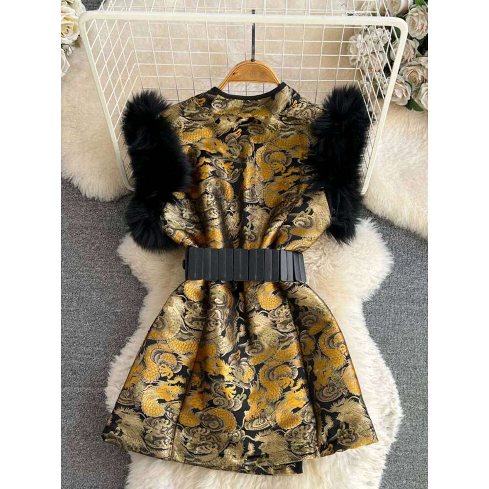 Autumn Dress 2025 Retro Chinese Style Elegant Women'S Dresses Faux Fur Splicing Vest Waist Slim Short A-Line Jacquard Vestidos