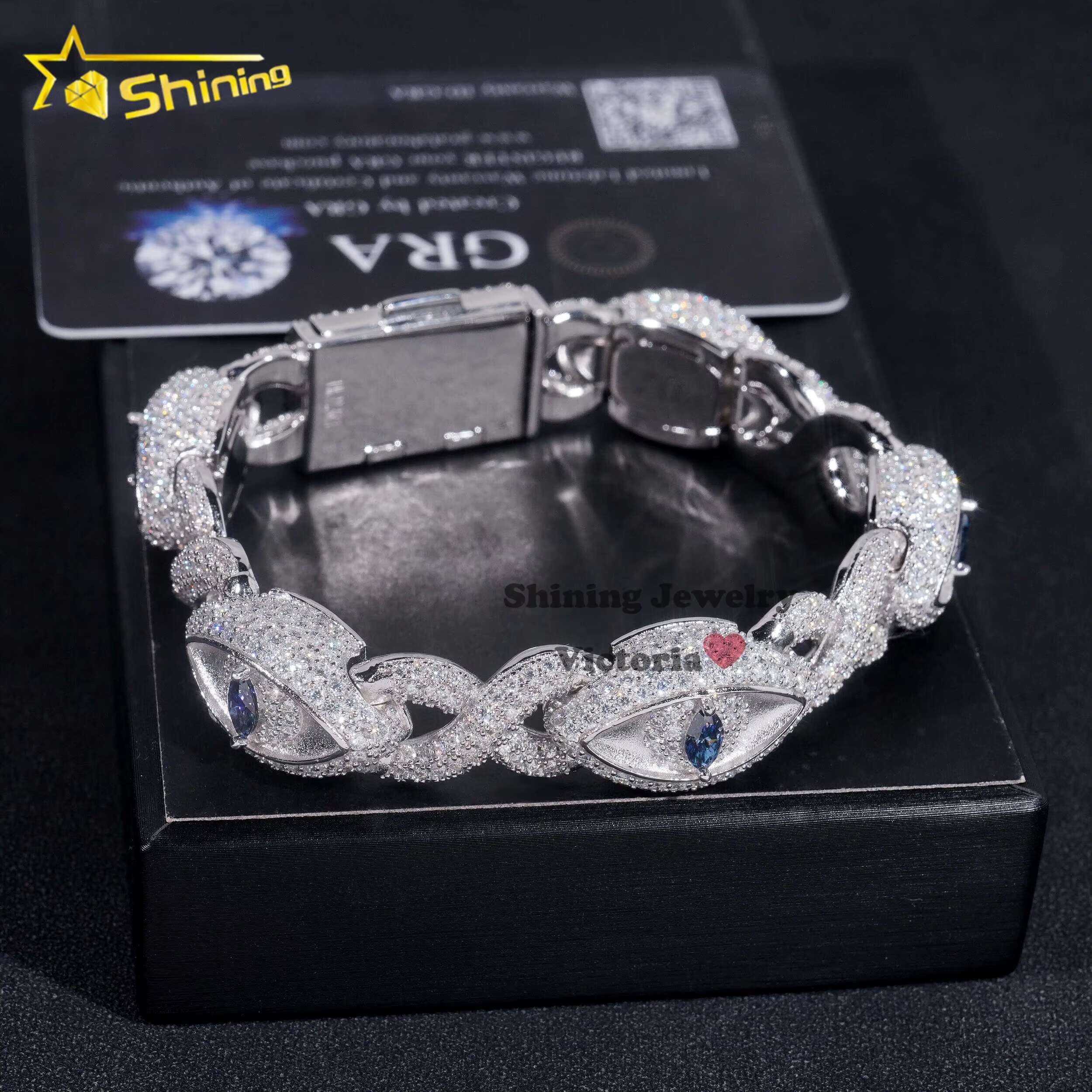 New Trendy 13mm Hip Hop Men Jewelry 925 Sterling Silver Fully Iced Out Vvs Moissanite Diamond Evil Eyes Cuban Bracelet