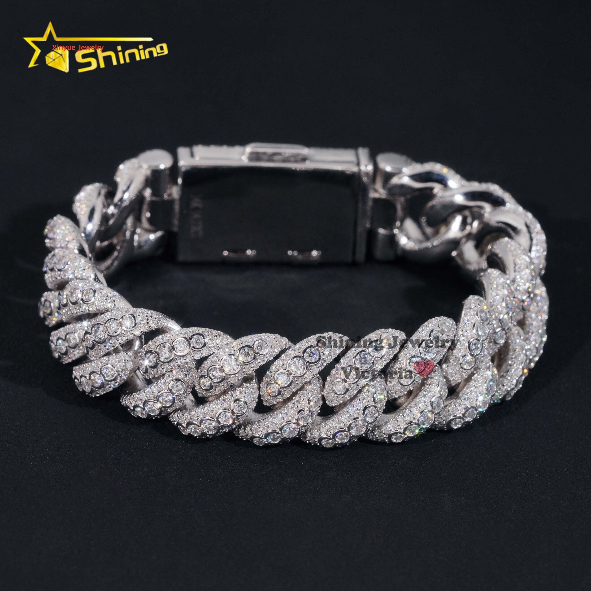 Iced Out Jewelry 15MM 925 Sterling Silver GRA Certificate Diamond Moissanite Cuban Link Chain Bezel Setting Cuban Bracelet