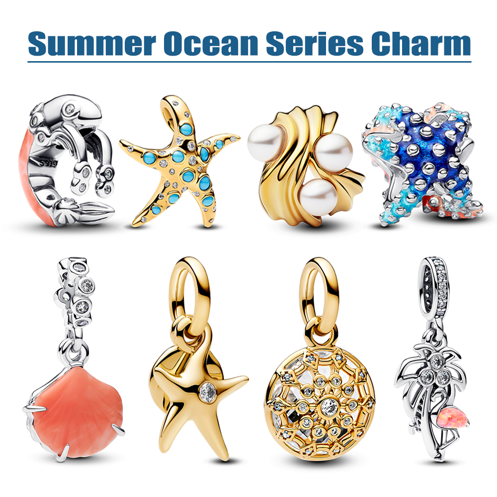 FewDook 2025 New Summer Ocean Series Charm Starfish Shell Coconut Tree Dangle Charms Fit Original Pan Bracelet Bead for Women Accessories Jewelry Maki