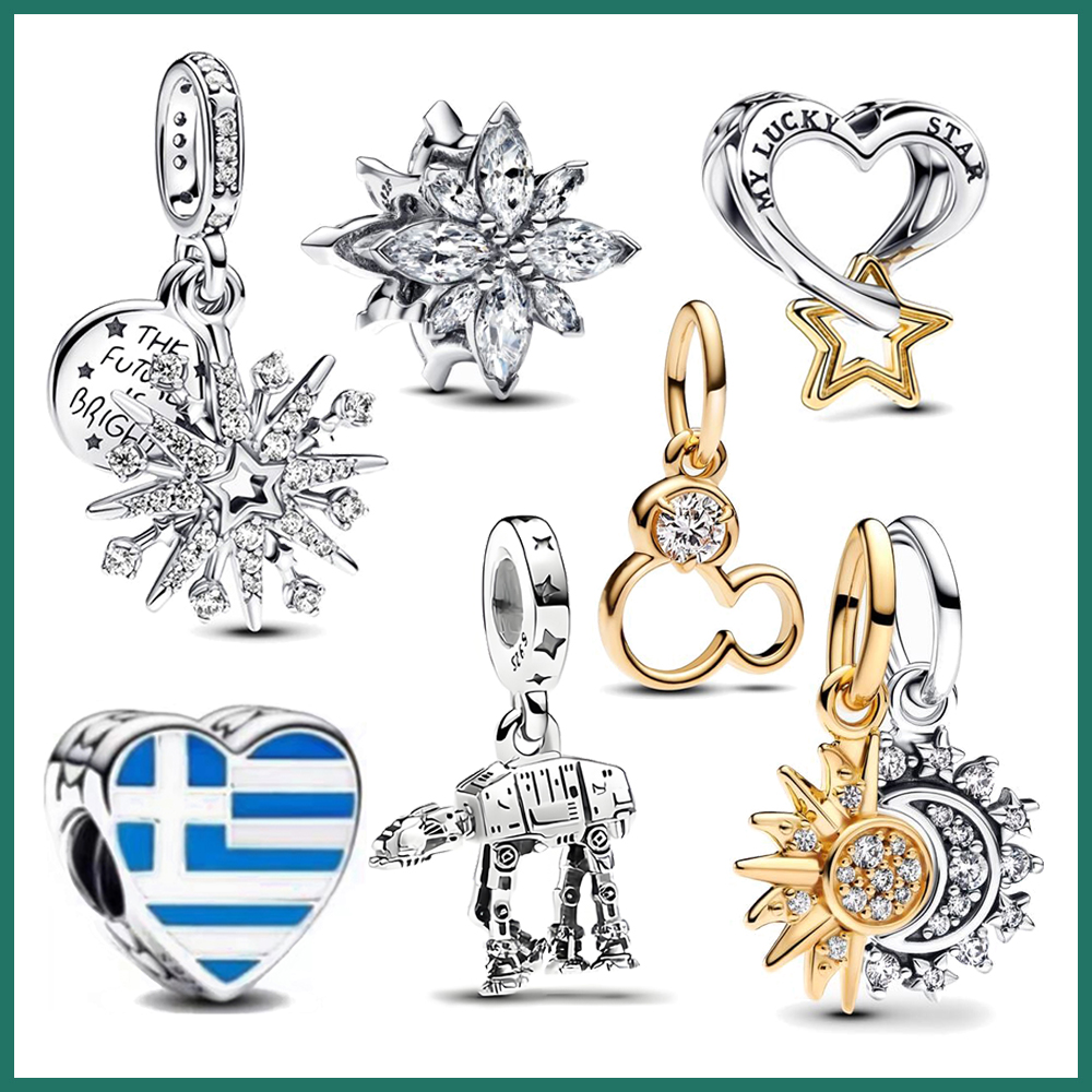 FewDook New Arrival Snowflake Headband Dangle Charm Fit Original Pan Bracelet Greek Flag Heart Beads DIY Women High Quality Jewelry Gift Accessories