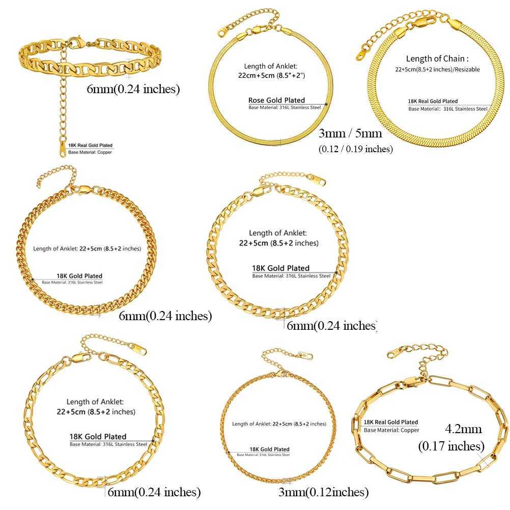 U7 Ankle Bracelets for Women 6mm Flat Curb Cuban Link Snake Figaro Mariner Link Chain Anklets Summer Beach Feet Jewelry Gift W250604