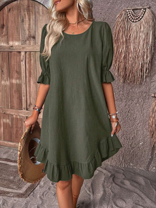 Spring Summer Women's Cotton Linen Mid-Sleeve Round Neck Solid Color Loose Fit Dress B5