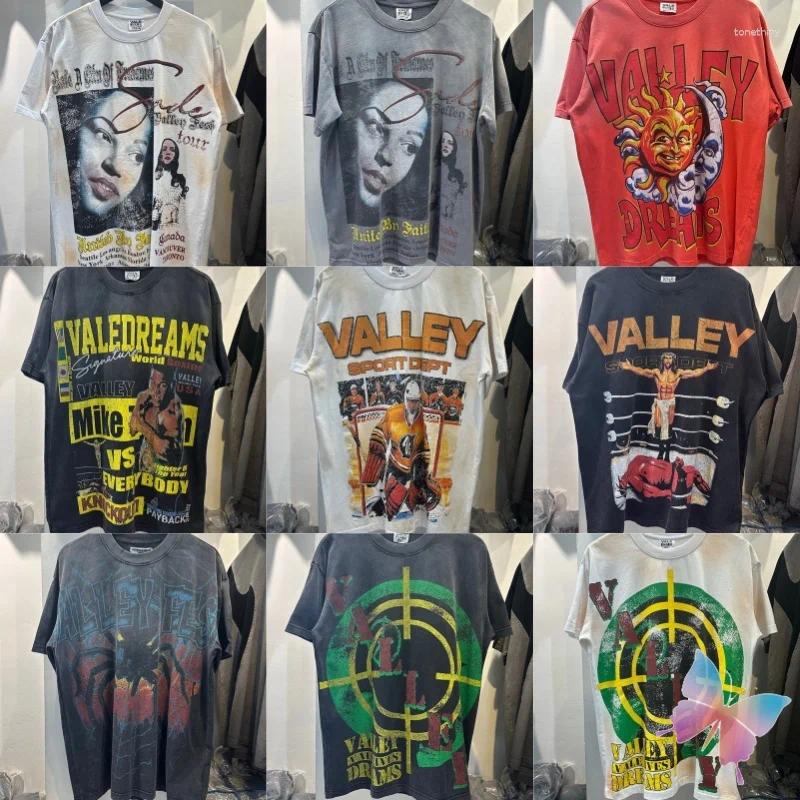 Men's T Shirts Real Pos High-quality Washed Vinatge Boxing Print Vale Valley Tshirts American Hip-hop Street Men Women Cotton Short Sleeve