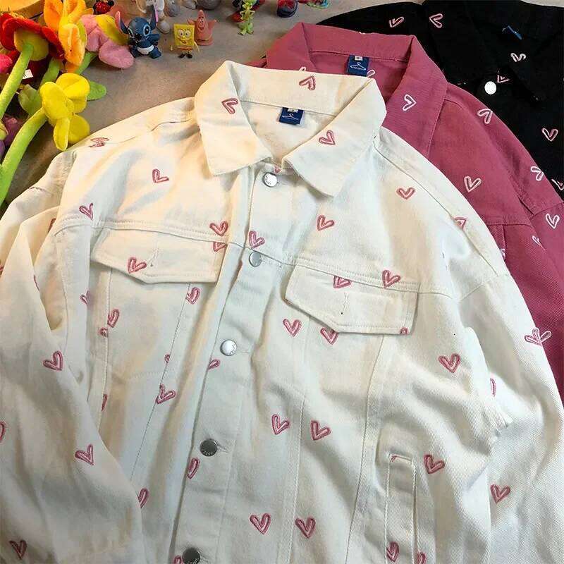 Spring Autumn Printing Love Denim Jacket Women 2024 New Fashion Loose Casual Thin Coat Pure Colour Button Outerwear Female