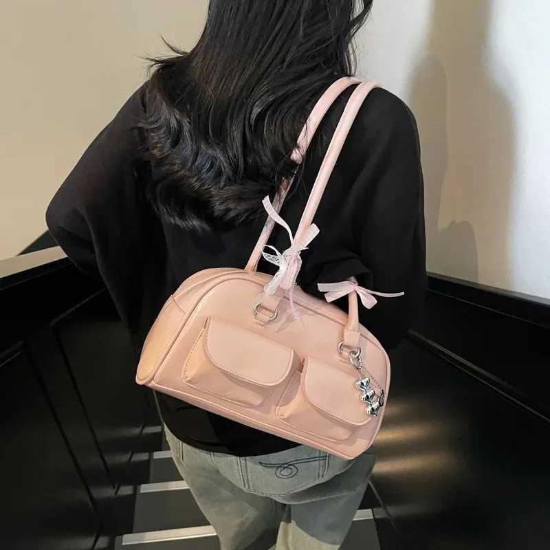 Retro Bowling Bag Womens High-End Pure Color Korean Style Single Shoulder Boston Bag Versatile for All Occasions Crossbody Bag XJ250604